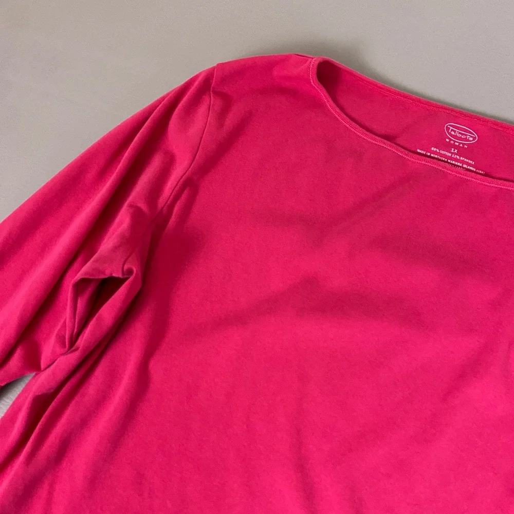 Talbots Top Women's Plus 1X Pink 3/4 Sleeve Boat Neck Cotton Spandex Knit Tee‎